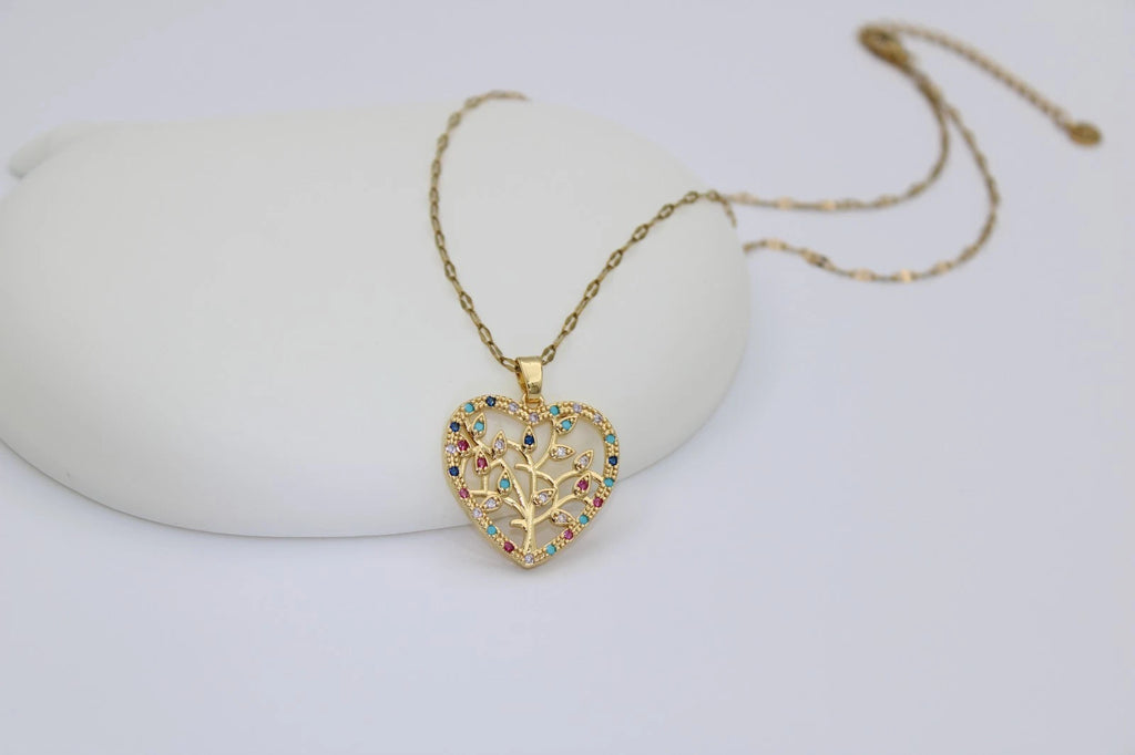 ✨ Damen Halskette Herz Lebensbaum 🌳💖 Gold Anhänger mit bunten Kristallen 💎