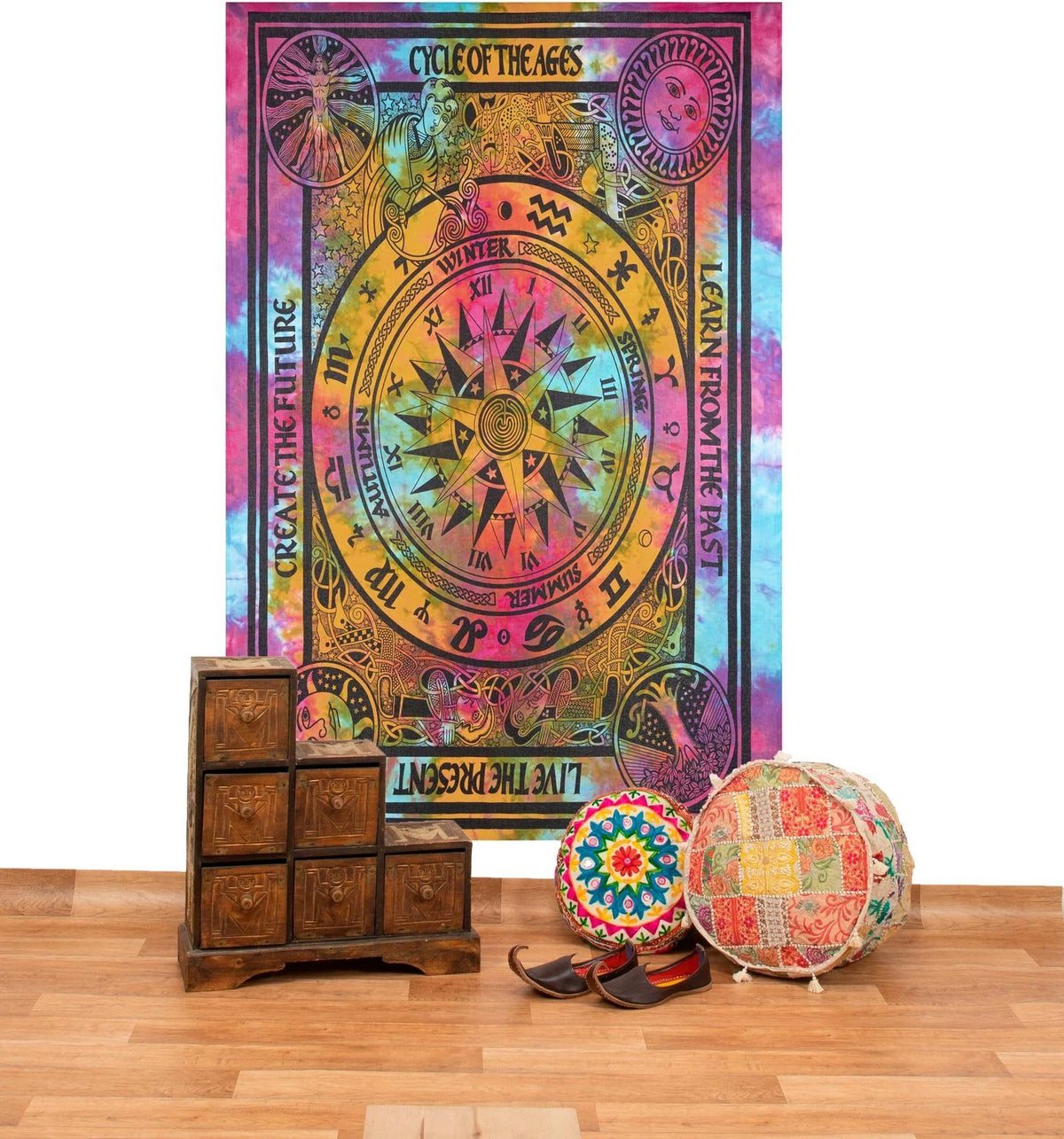 Astrologie Tagesdecke Wandbehang Bunt Deko Tuch Cycle of the Ages Goa 200x135cm