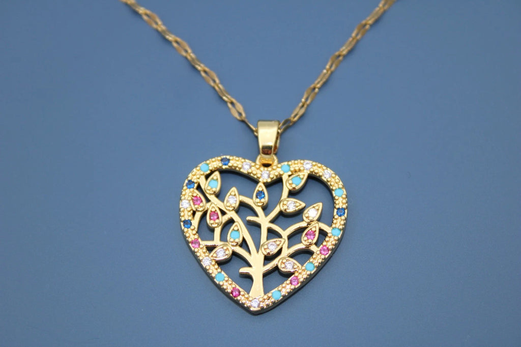 ✨ Damen Halskette Herz Lebensbaum 🌳💖 Gold Anhänger mit bunten Kristallen 💎