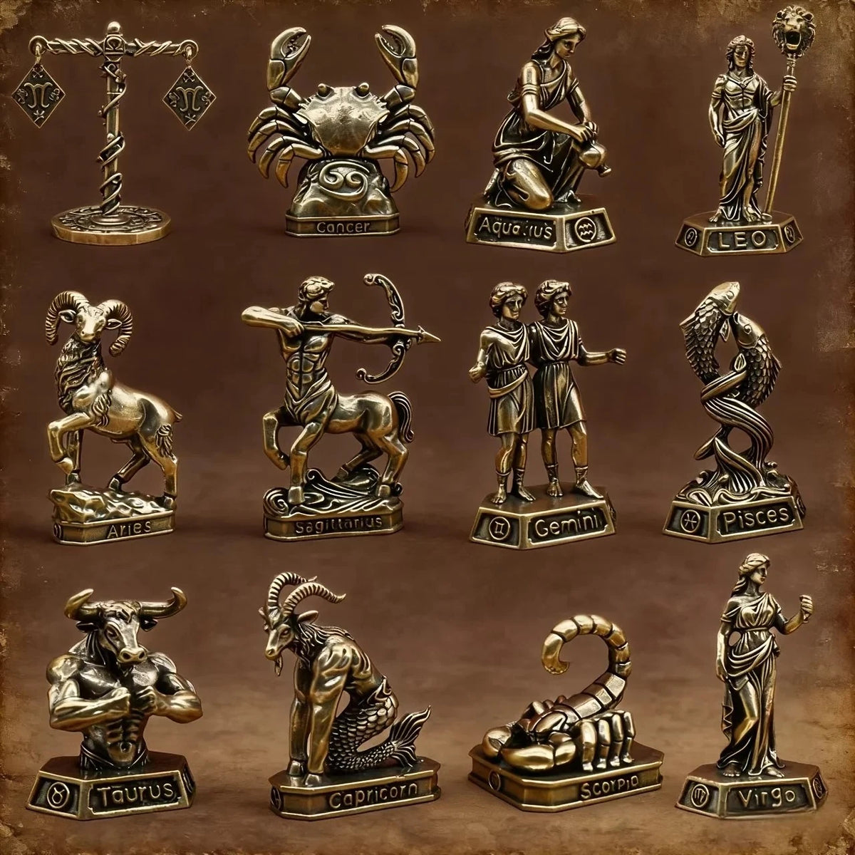 Brass Zodiac Sign Figurine Vintage Constellation Statue Home Office Decor