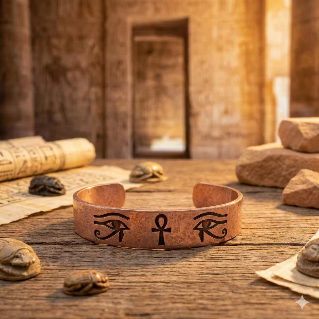 Pure Copper Spiritual Ankh &amp; Eye of Horus Cuff - Handmade Boho Gift
