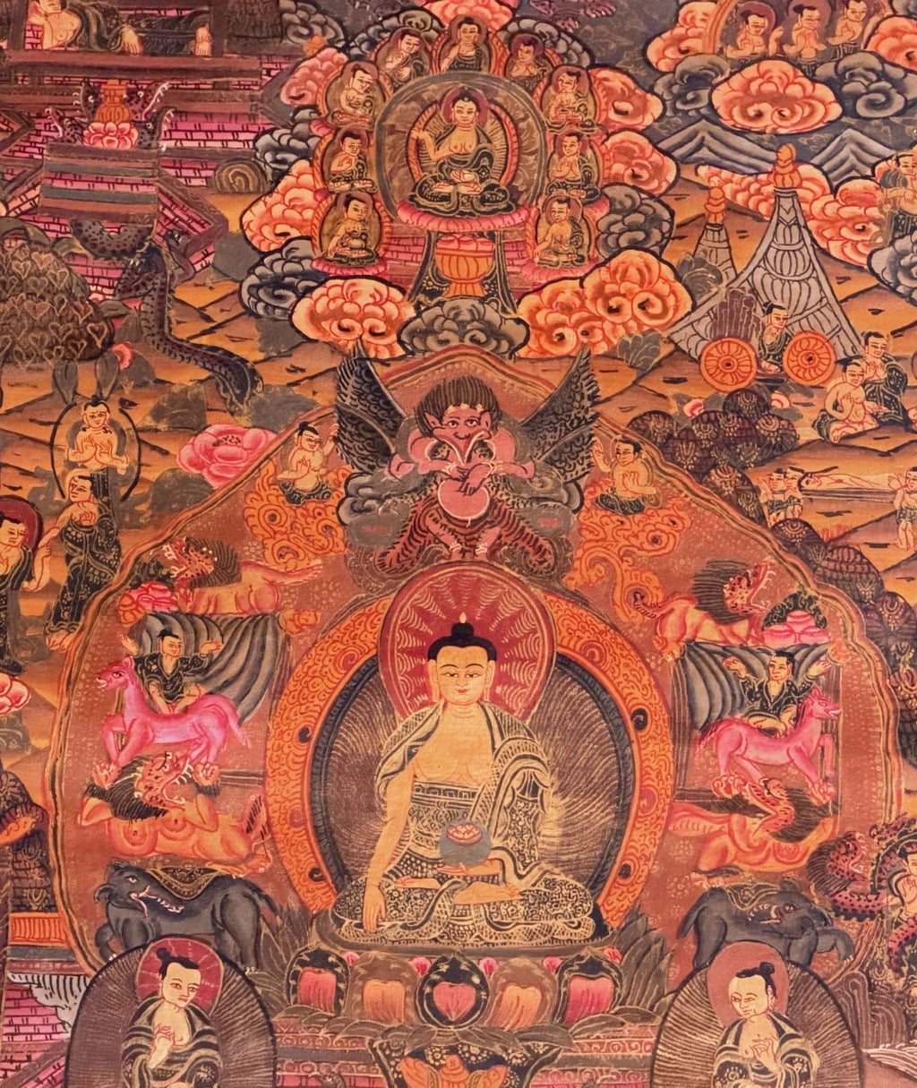 BUDDHA LIFE STORY MANDALA HAND PAINTED TIBETAN THANGKA - OIL VARNISHED ART