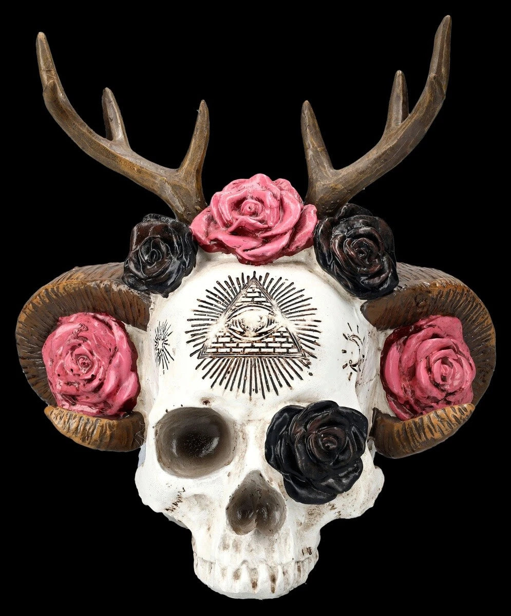 Totenkopf Figur - Wicca Schädel mit Geweih - Gothic Spirituell Magische Deko