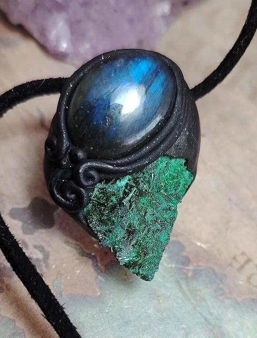Shamanic Tool Malachite Pendant Necklace w Labradorite Shaman Crystal Jewelry