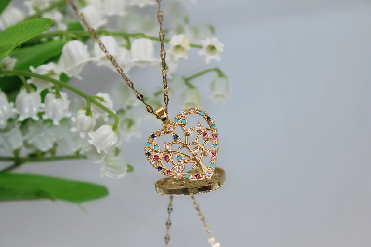 ✨ Damen Halskette Herz Lebensbaum 🌳💖 Gold Anhänger mit bunten Kristallen 💎