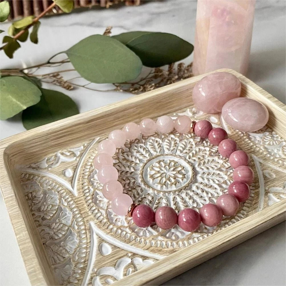 Rose Quartz &amp; Rhodonite Gemstone Beads Healing Women Bracelet for Self Love Gift