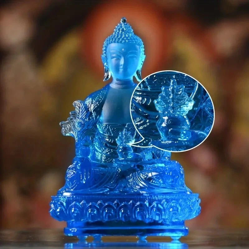 Blue Buddha Crystal Glass Sculpture Medicine Enlightenment Spiritual Statue
