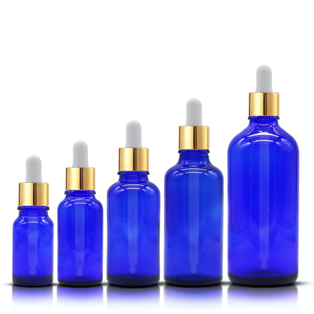 Blaue Glas Tropferflasche mit GOLD Aluminium Glaspipette für Aromatherapie Öl