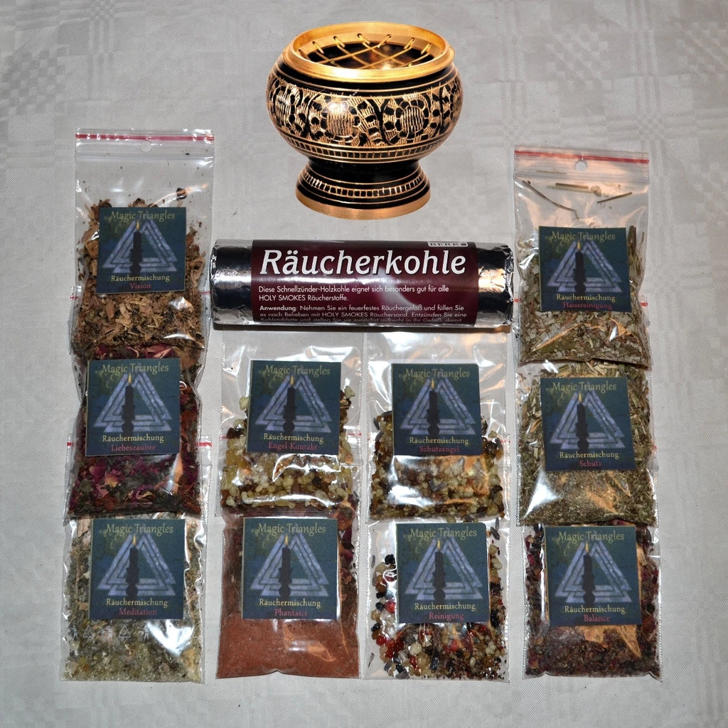 Räucherset Räuchersortime<wbr/>nt Hexenkiste Starterset 12 Teile Räuchergefäß MESSING