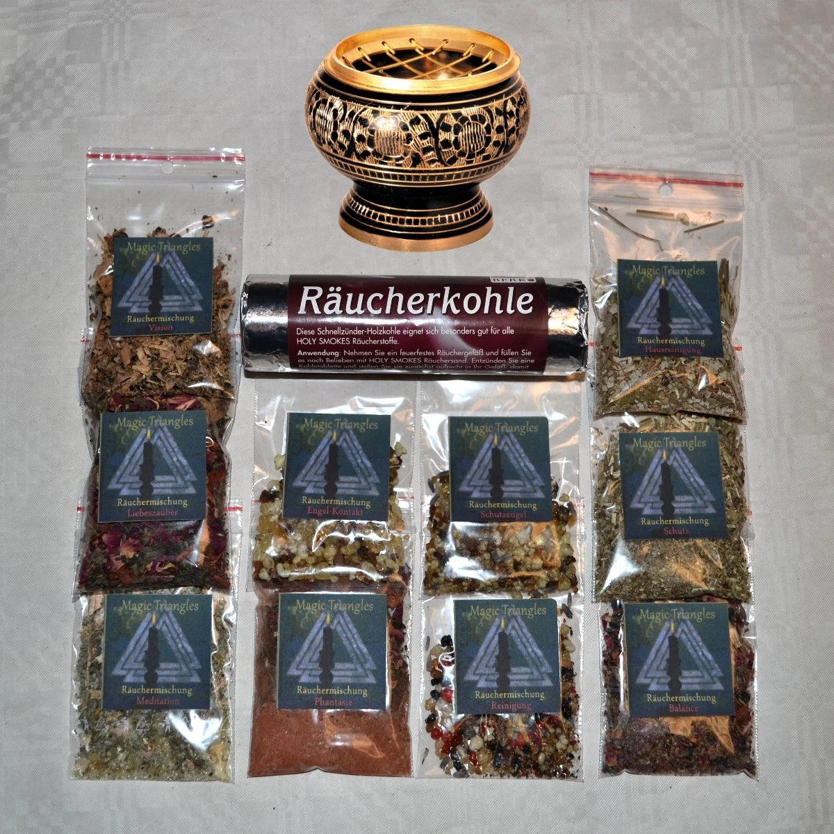 Räucherset Räuchersortime<wbr/>nt Hexenkiste Starterset 12 Teile Räuchergefäß MESSING