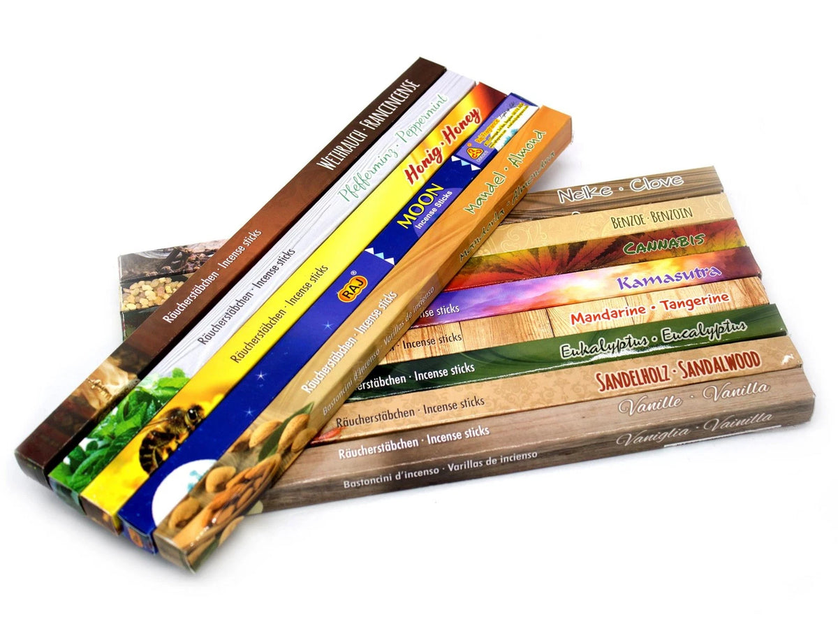 Premium Räucherstäbche<wbr/>n Mix mit 26 Düften = 208 Stück z.B. Cannabis, Nag Champa