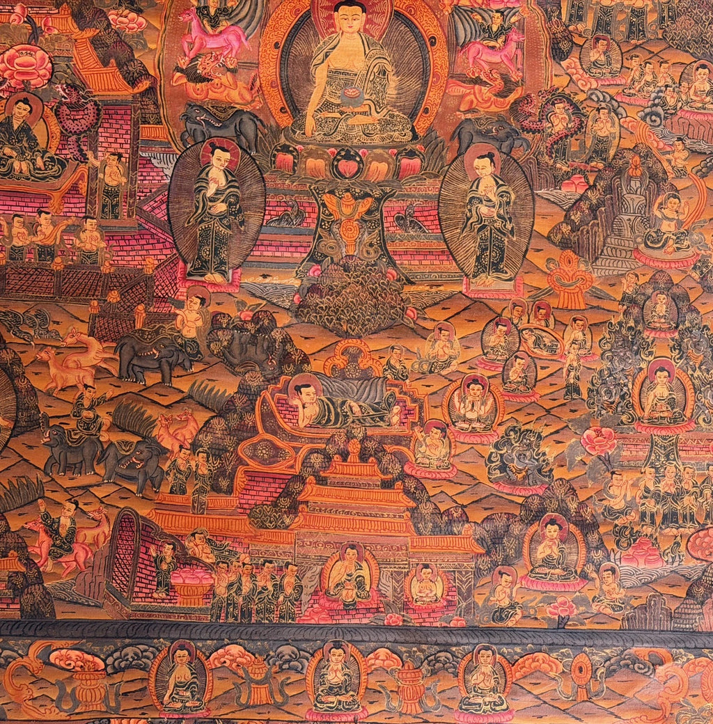 BUDDHA LIFE STORY MANDALA HAND PAINTED TIBETAN THANGKA - OIL VARNISHED ART