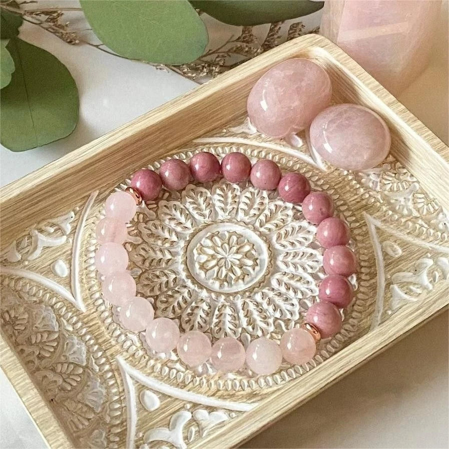 Rose Quartz &amp; Rhodonite Gemstone Beads Healing Women Bracelet for Self Love Gift