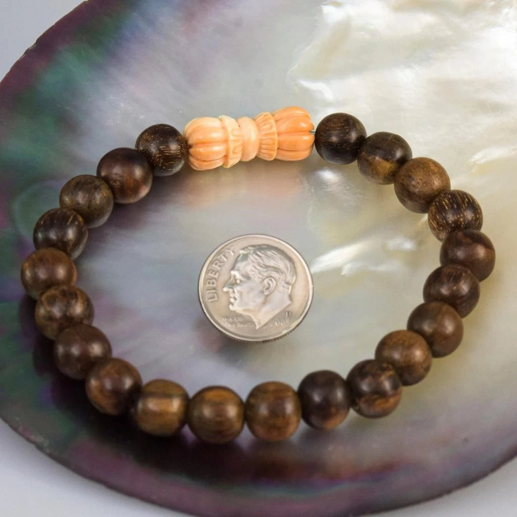 Natural Oud Gaharu Wood 6.5" Bracelet Carved Apricot Shell Vajra Prayer Bead 11g