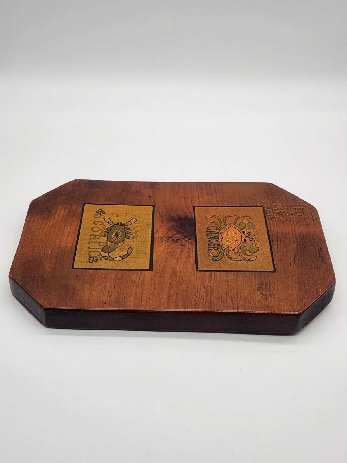 Vintage Handmade Lacquered Wood Wall Hanger Zodiac Cancer &amp; Scorpio Astrology