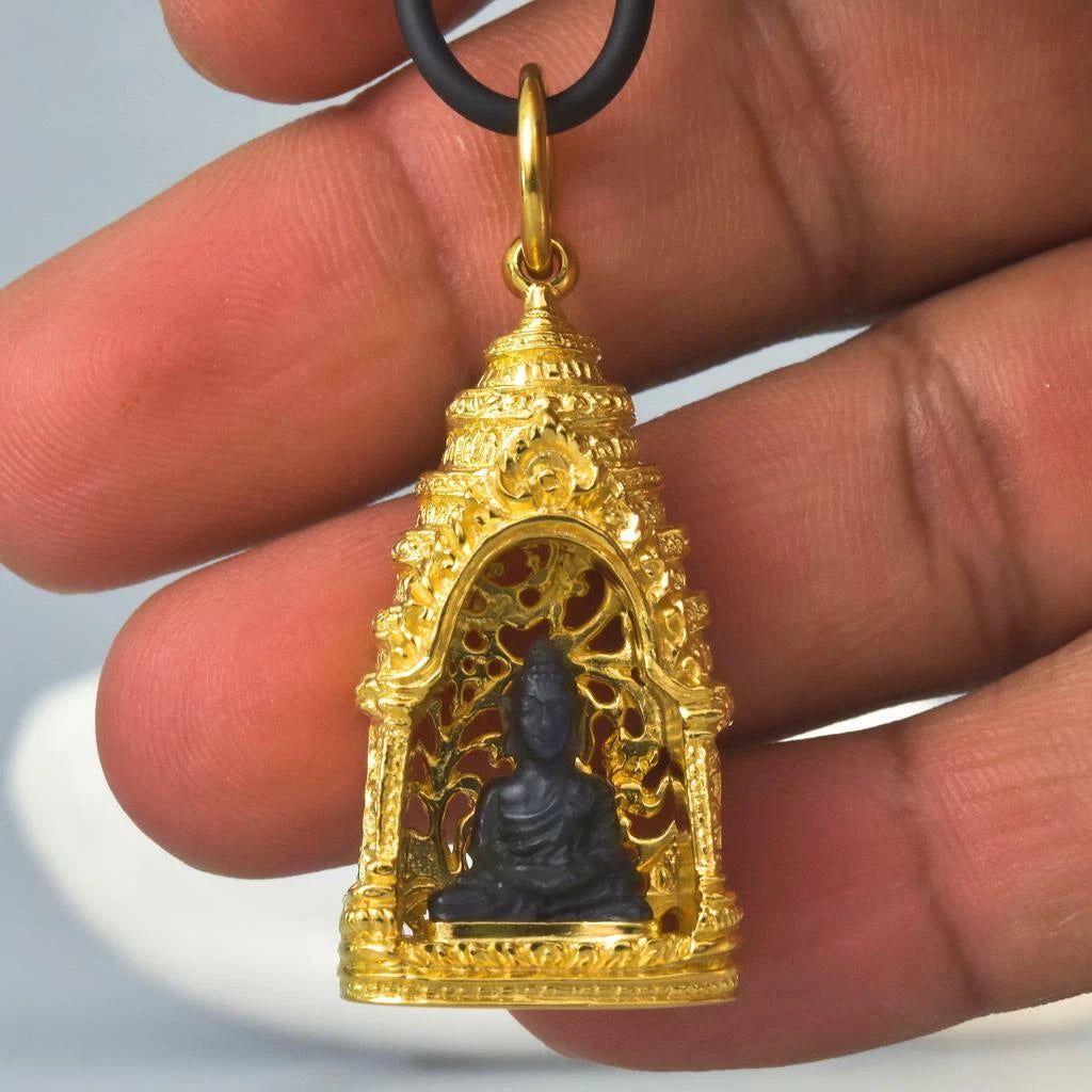 Buddha Image Gold Vermeil Sterling Pagoda Black Tektite Pendant Amulet 15.74 g
