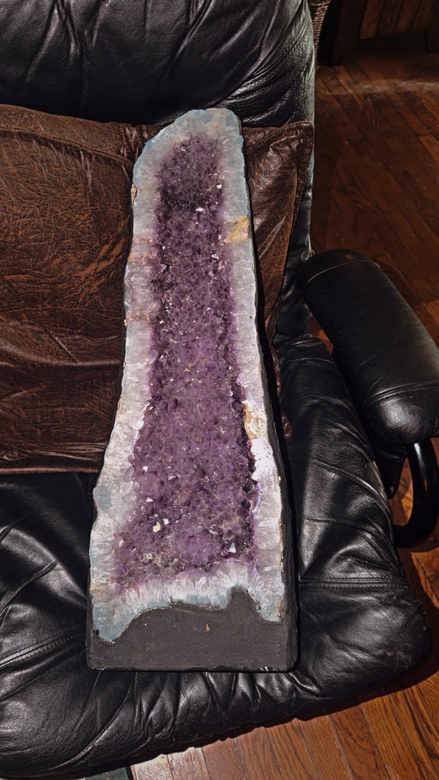 Purple Amethyst Geode Cathedral Cluster Crystal Specimen on Black Base