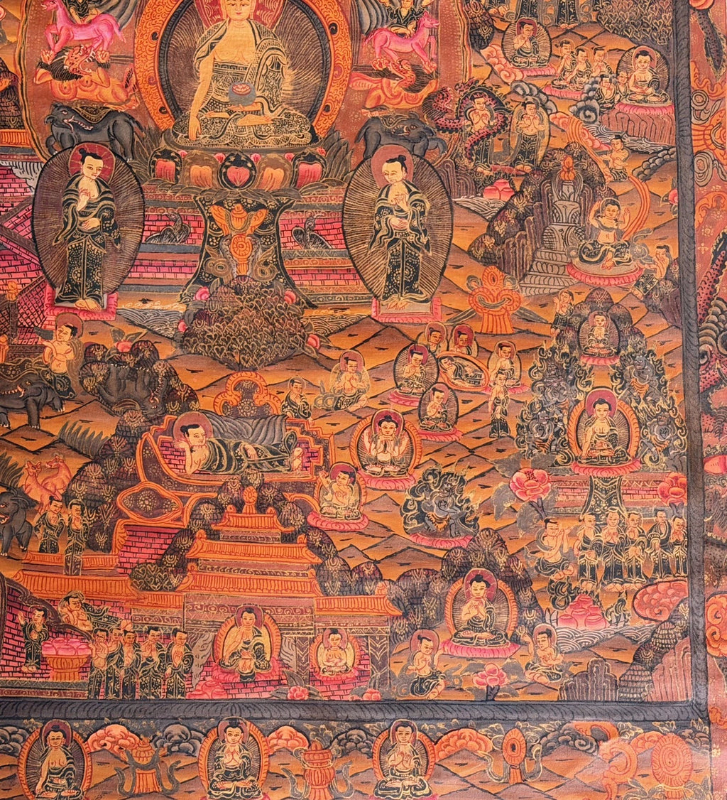 BUDDHA LIFE STORY MANDALA HAND PAINTED TIBETAN THANGKA - OIL VARNISHED ART