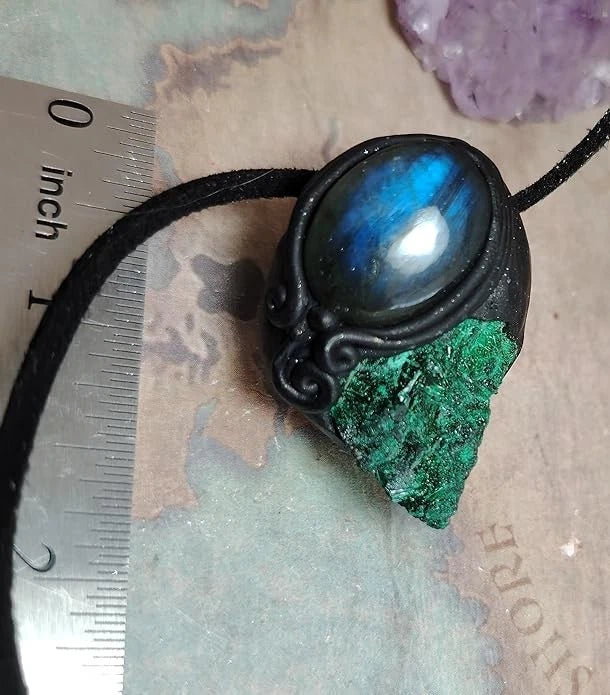 Shamanic Tool Malachite Pendant Necklace w Labradorite Shaman Crystal Jewelry