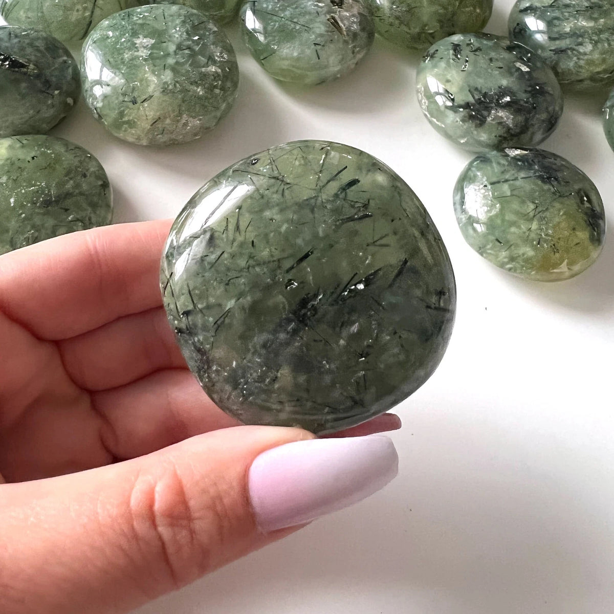 INNER KNOWING Prehnite round Palm Stone | UFO Crystal | Aura Cleansing | Prophet