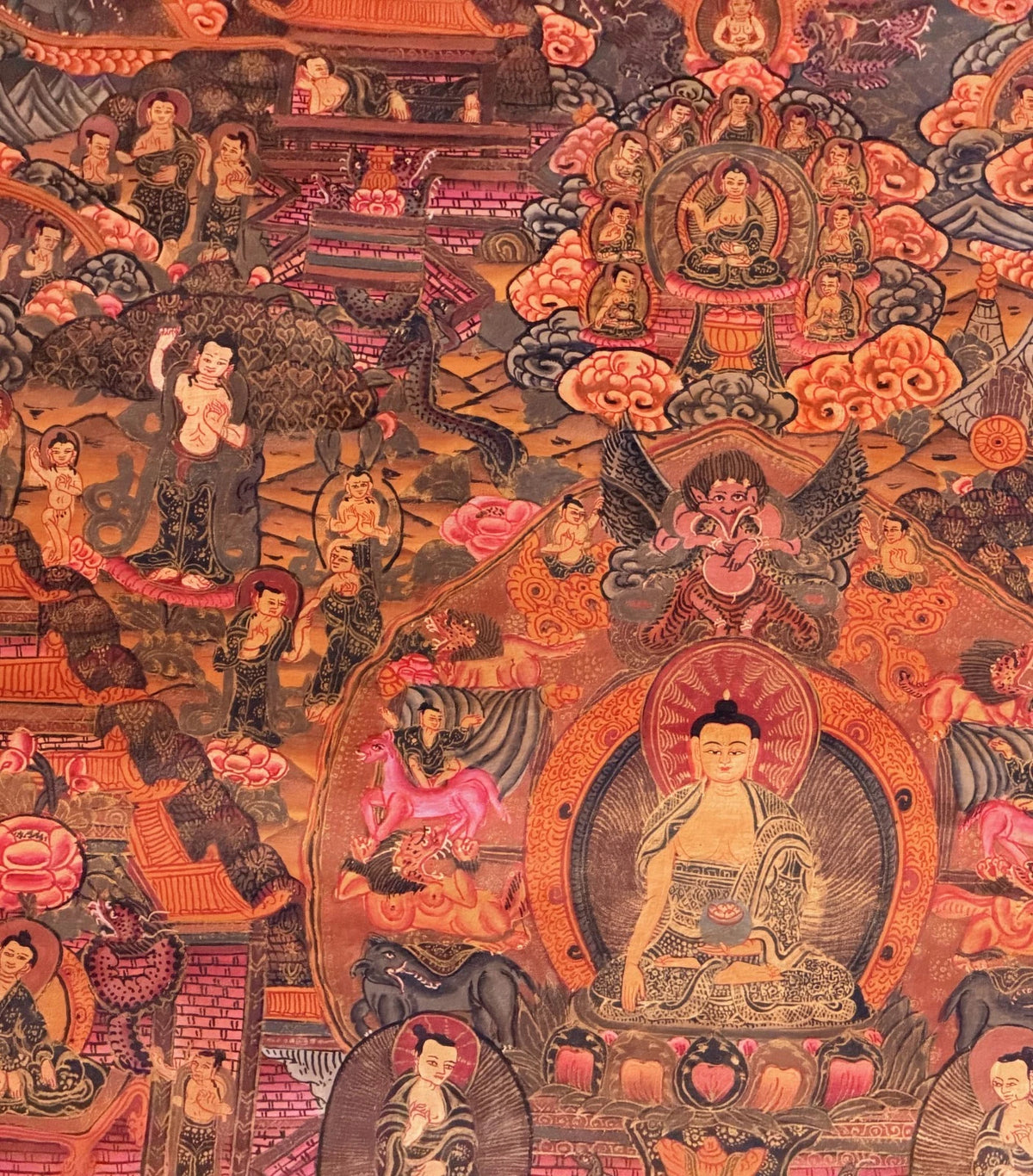 BUDDHA LIFE STORY MANDALA HAND PAINTED TIBETAN THANGKA - OIL VARNISHED ART