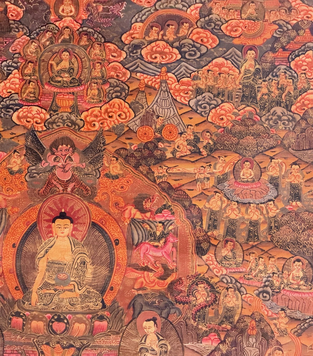 BUDDHA LIFE STORY MANDALA HAND PAINTED TIBETAN THANGKA - OIL VARNISHED ART