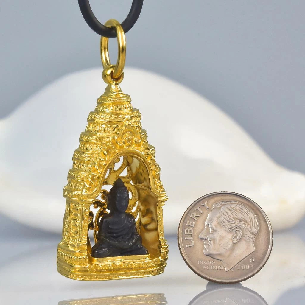 Buddha Image Gold Vermeil Sterling Pagoda Black Tektite Pendant Amulet 15.74 g