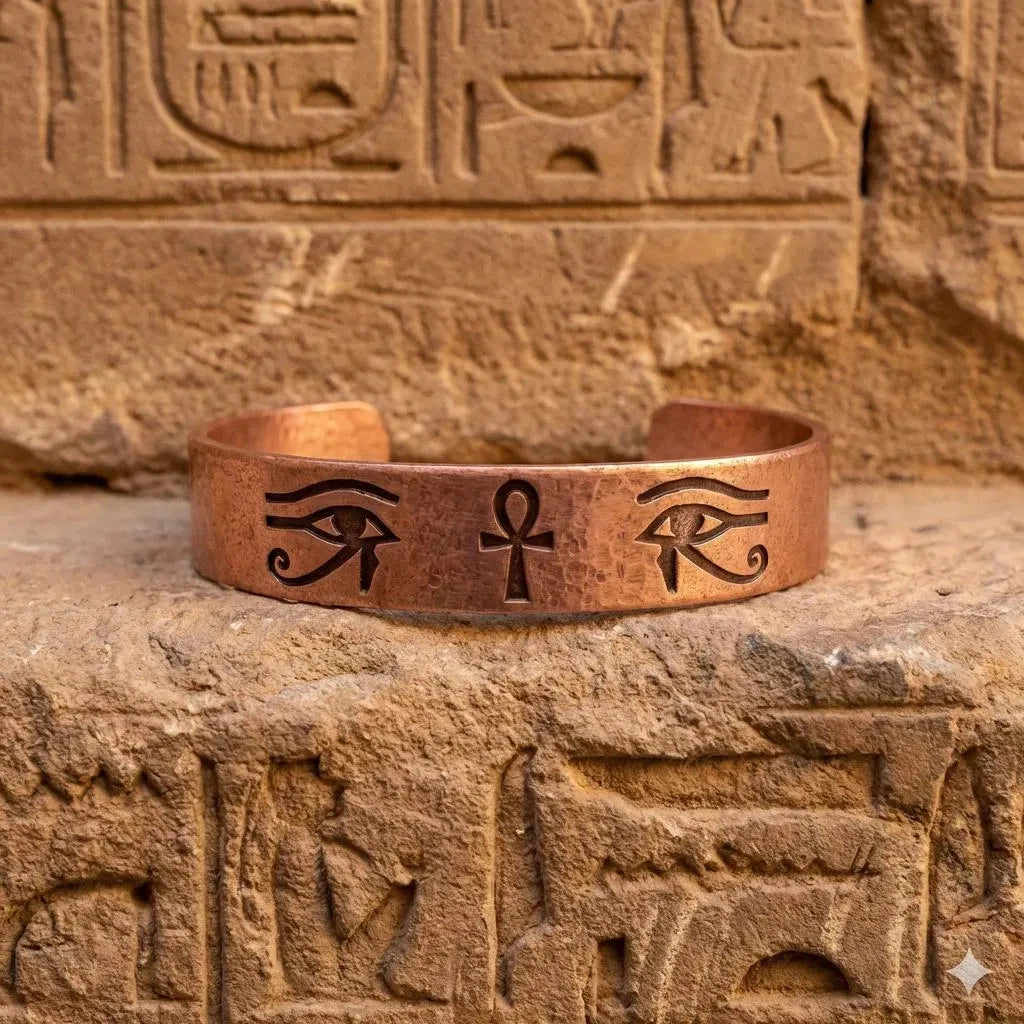Pure Copper Spiritual Ankh &amp; Eye of Horus Cuff - Handmade Boho Gift