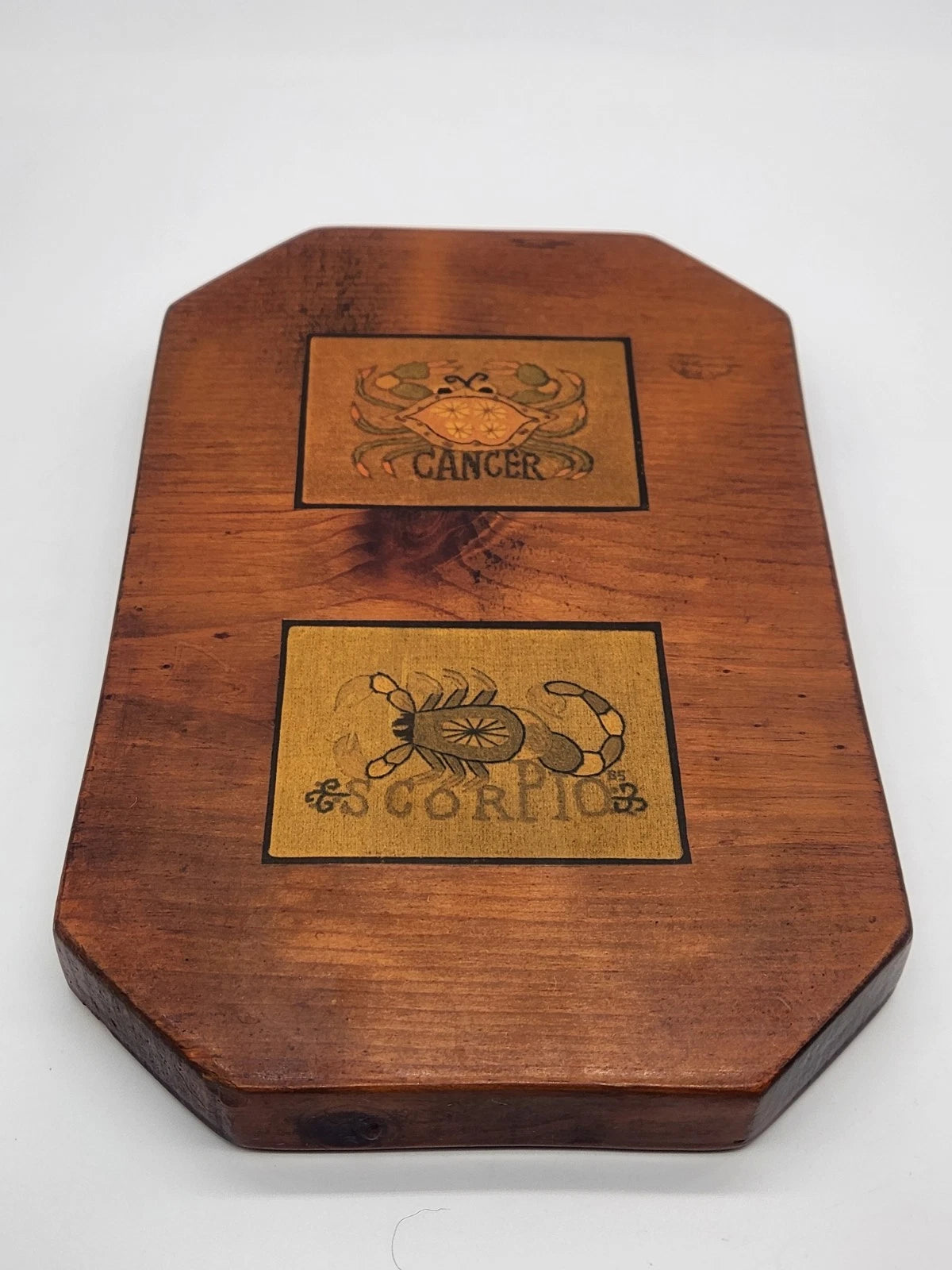 Vintage Handmade Lacquered Wood Wall Hanger Zodiac Cancer &amp; Scorpio Astrology