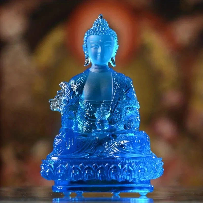 Blue Buddha Crystal Glass Sculpture Medicine Enlightenment Spiritual Statue