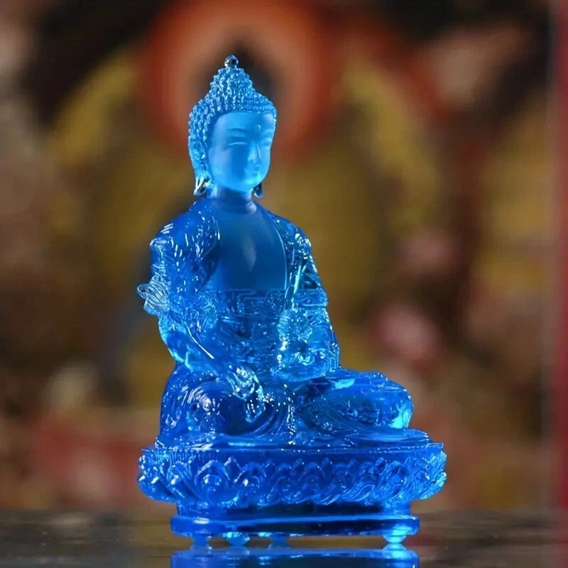 Blue Buddha Crystal Glass Sculpture Medicine Enlightenment Spiritual Statue