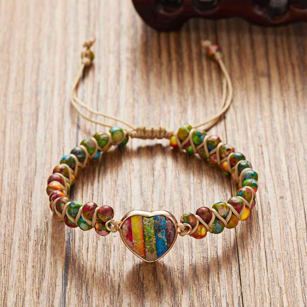 7 Chakra Handmade Braided Heart Charm Sea Sediment Healing Reiki Bracelet Gifts