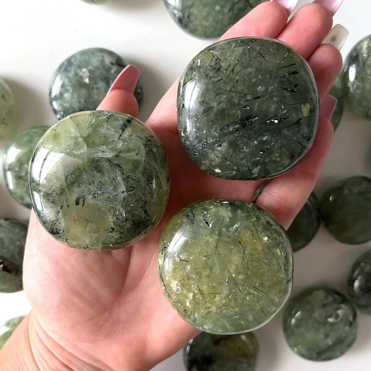 INNER KNOWING Prehnite round Palm Stone | UFO Crystal | Aura Cleansing | Prophet