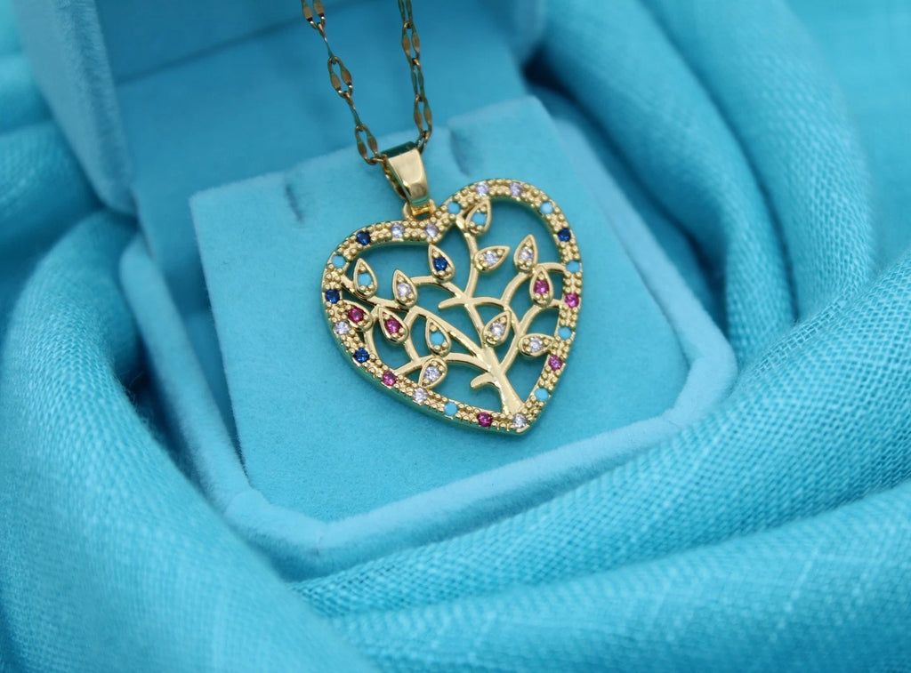 ✨ Damen Halskette Herz Lebensbaum 🌳💖 Gold Anhänger mit bunten Kristallen 💎