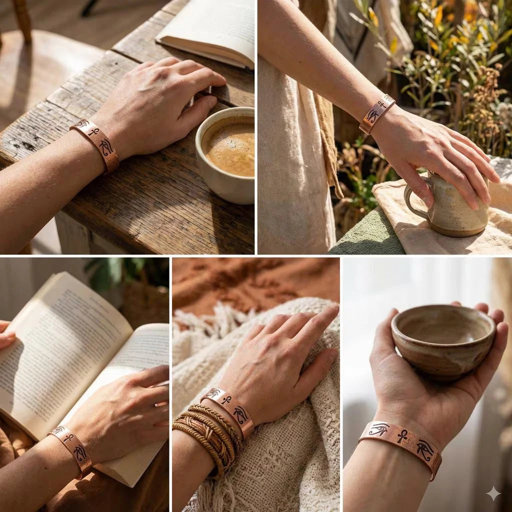 Pure Copper Spiritual Ankh &amp; Eye of Horus Cuff - Handmade Boho Gift