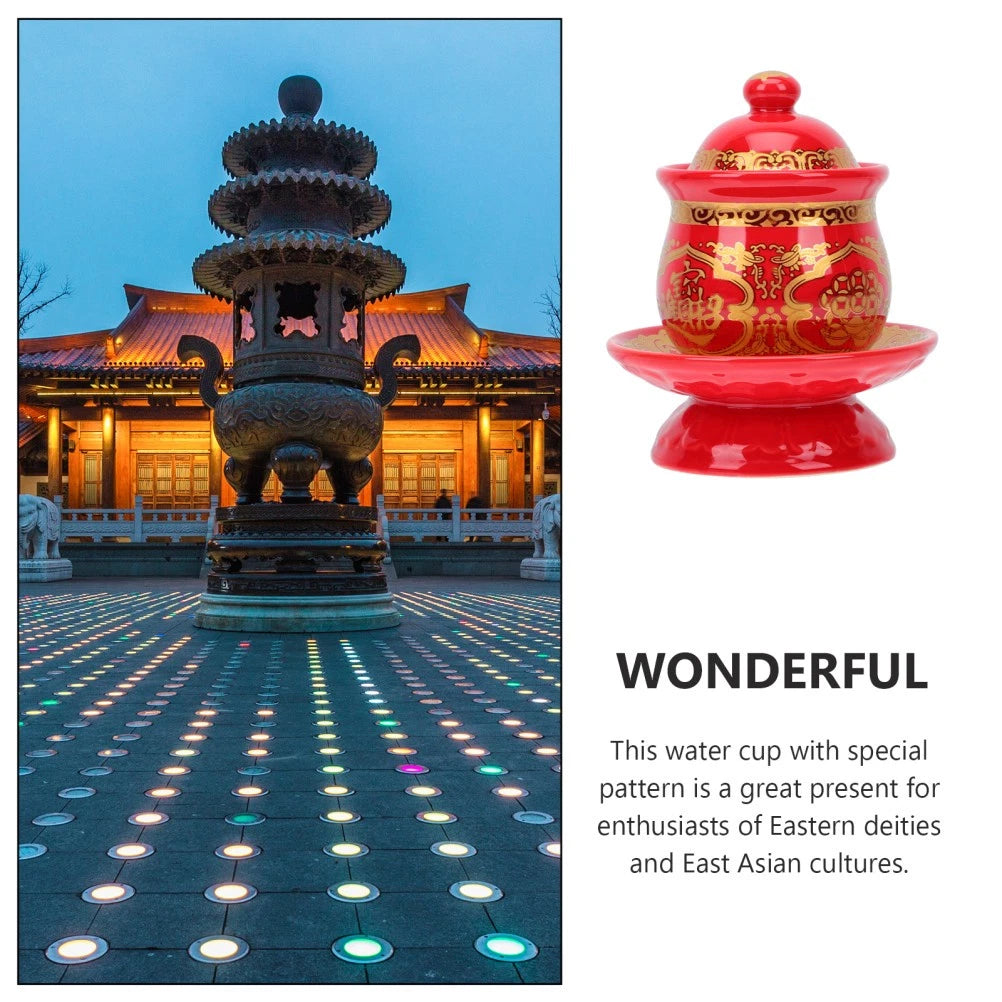 1 Stück Keramik-Wasser<wbr/>becher mit Deckel, Buddha-Anbetun<wbr/>g, Tempel-Versorg<wbr/>ung
