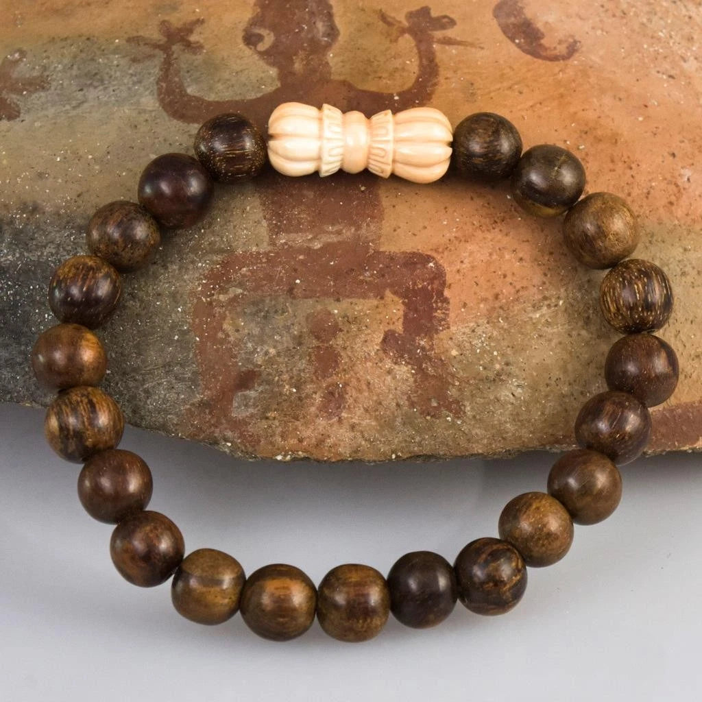 Natural Oud Gaharu Wood 6.5" Bracelet Carved Apricot Shell Vajra Prayer Bead 11g