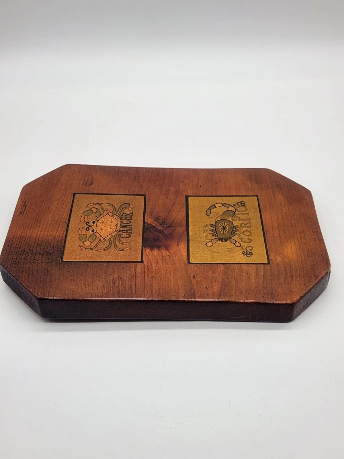 Vintage Handmade Lacquered Wood Wall Hanger Zodiac Cancer &amp; Scorpio Astrology