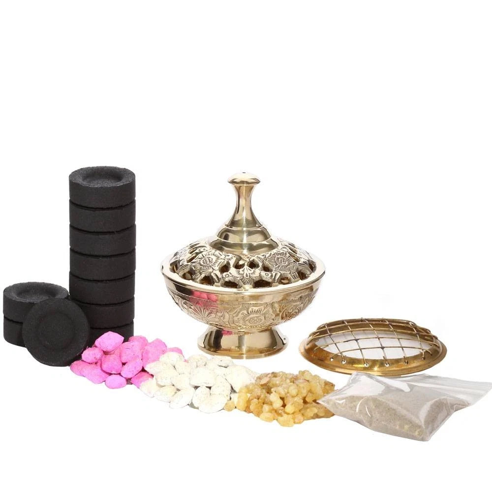 SET Räucherschälch<wbr/>en Handarbeit Messing Räuchergefäß mit Gitter gold Deko groß