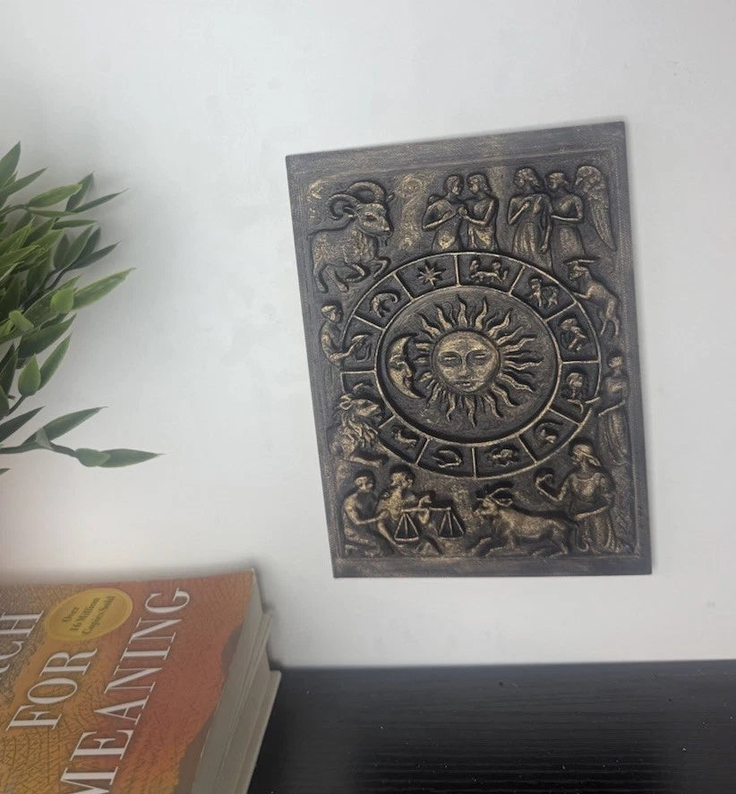 Zodiac Astrology 5” X 7” Relief Wall Plaque Gold Sun &amp; Moon Horoscope Signs