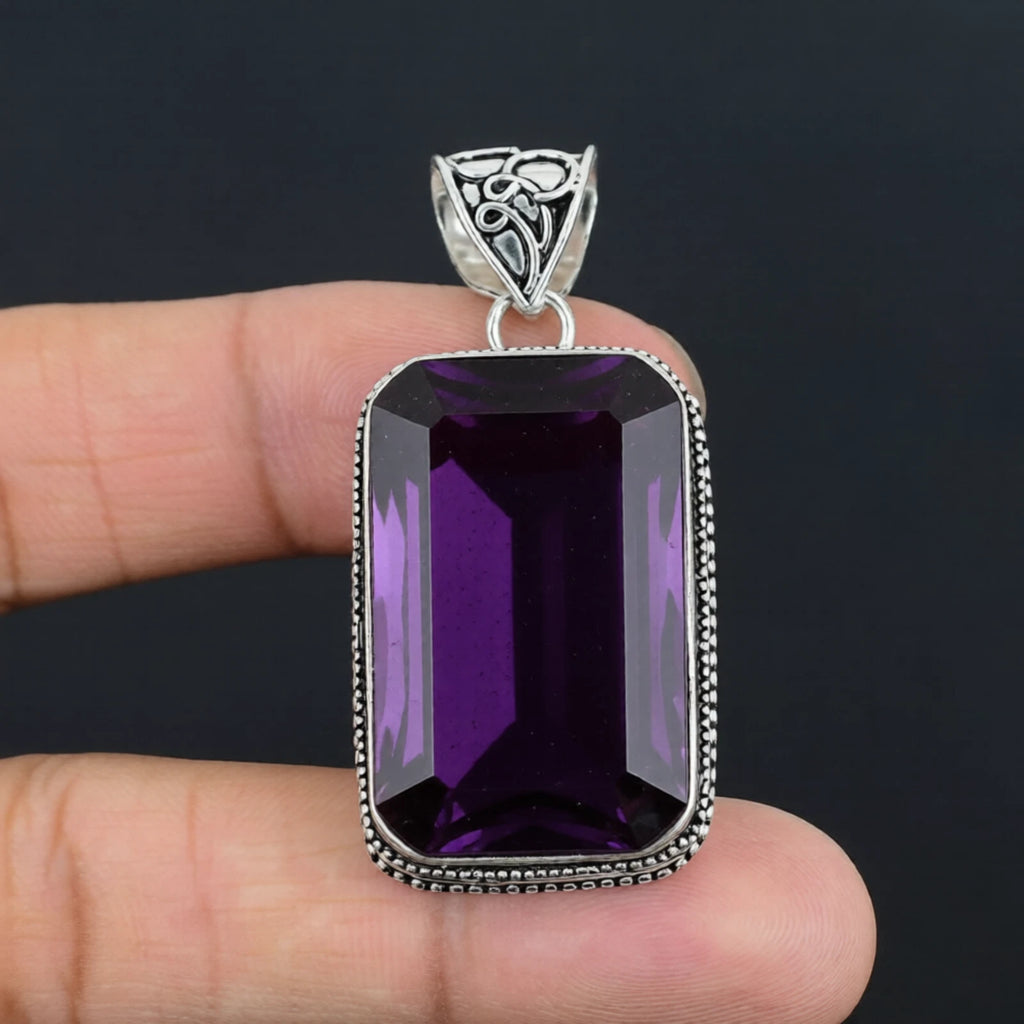 African Amethyst Gemstone Handmade 925 Sterling Silver Jewelry Pendant 2.10"