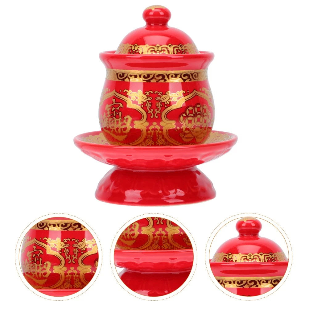 1 Stück Keramik-Wasser<wbr/>becher mit Deckel, Buddha-Anbetun<wbr/>g, Tempel-Versorg<wbr/>ung