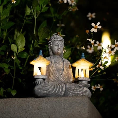 Solar Buddha Statue Zen Garden Decor Two Pavilions Textured Resin 8.46"H Outdoor