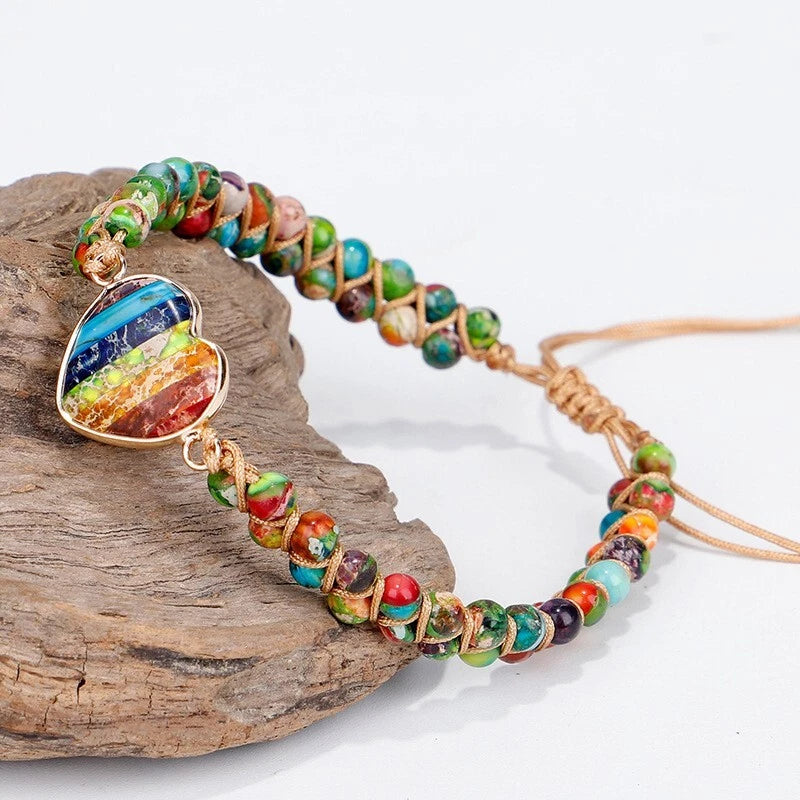 7 Chakra Handmade Braided Heart Charm Sea Sediment Healing Reiki Bracelet Gifts