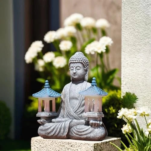 Solar Buddha Statue Zen Garden Decor Two Pavilions Textured Resin 8.46"H Outdoor