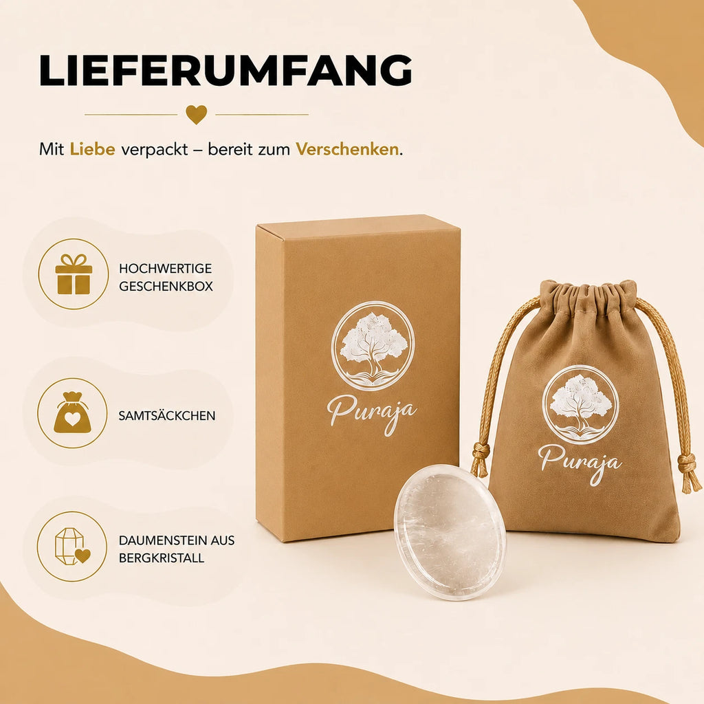 PURAJA Sorgenstein: Bergkristall | Daumenstein aus Naturstein | Worry Stone