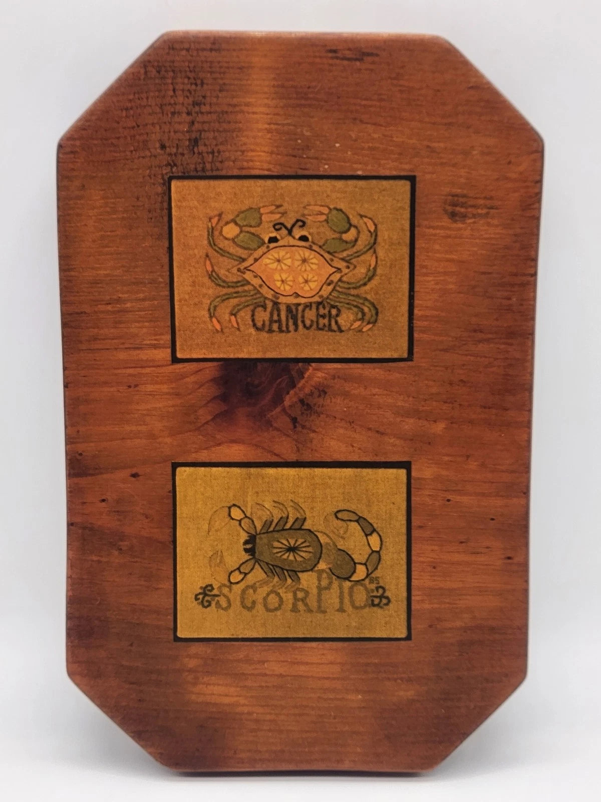 Vintage Handmade Lacquered Wood Wall Hanger Zodiac Cancer &amp; Scorpio Astrology