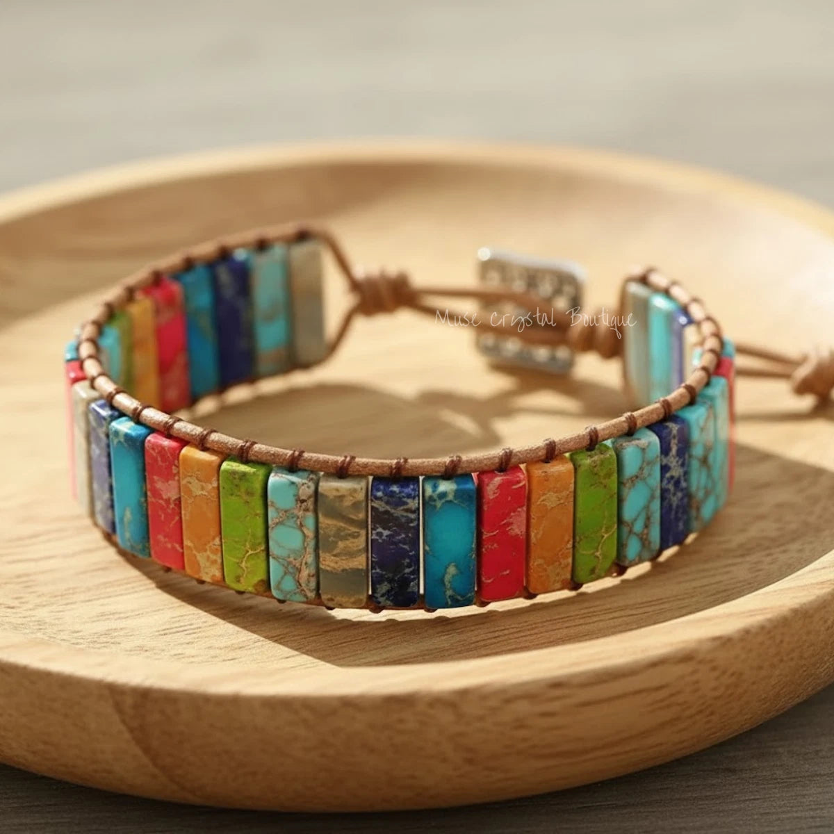 Rainbow Jasper 7 Chakra Crystal Bracelet Leather Healing Stone Bracelet Gift