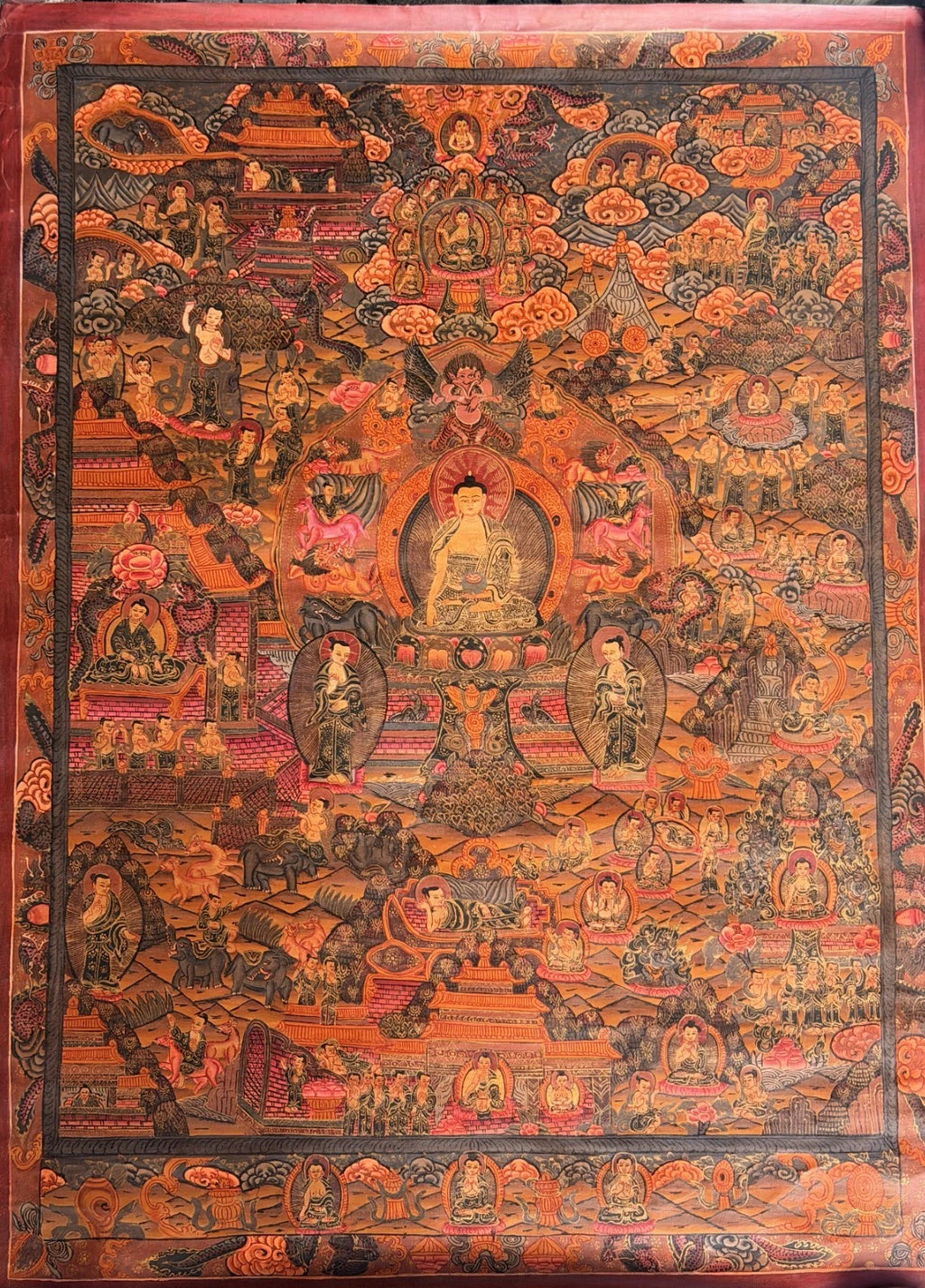 BUDDHA LIFE STORY MANDALA HAND PAINTED TIBETAN THANGKA - OIL VARNISHED ART