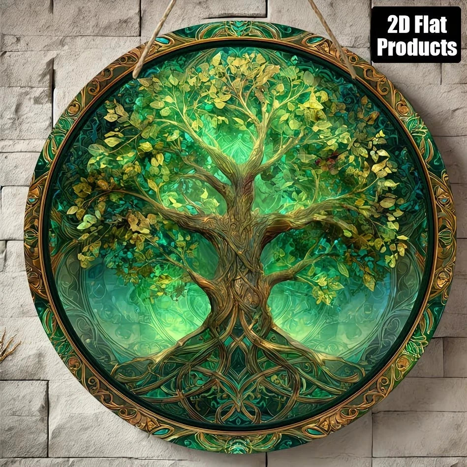 Tree of Life Wandbild Holz Rund 20cm Lebensbaum Hellgrün Wanddeko